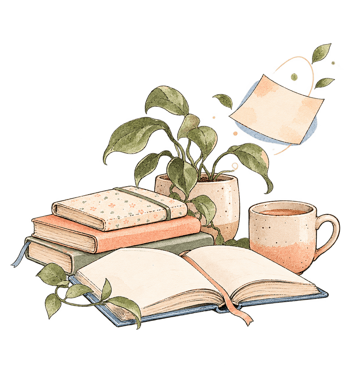 Libros, apuntes y una planta ilustrados a mano